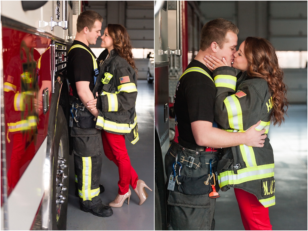 photo of bride wearing firefighter's jacket during engagement session