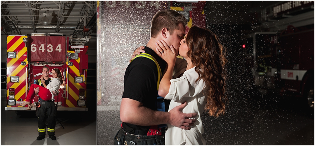 romantic rainy kiss in front of firetruck