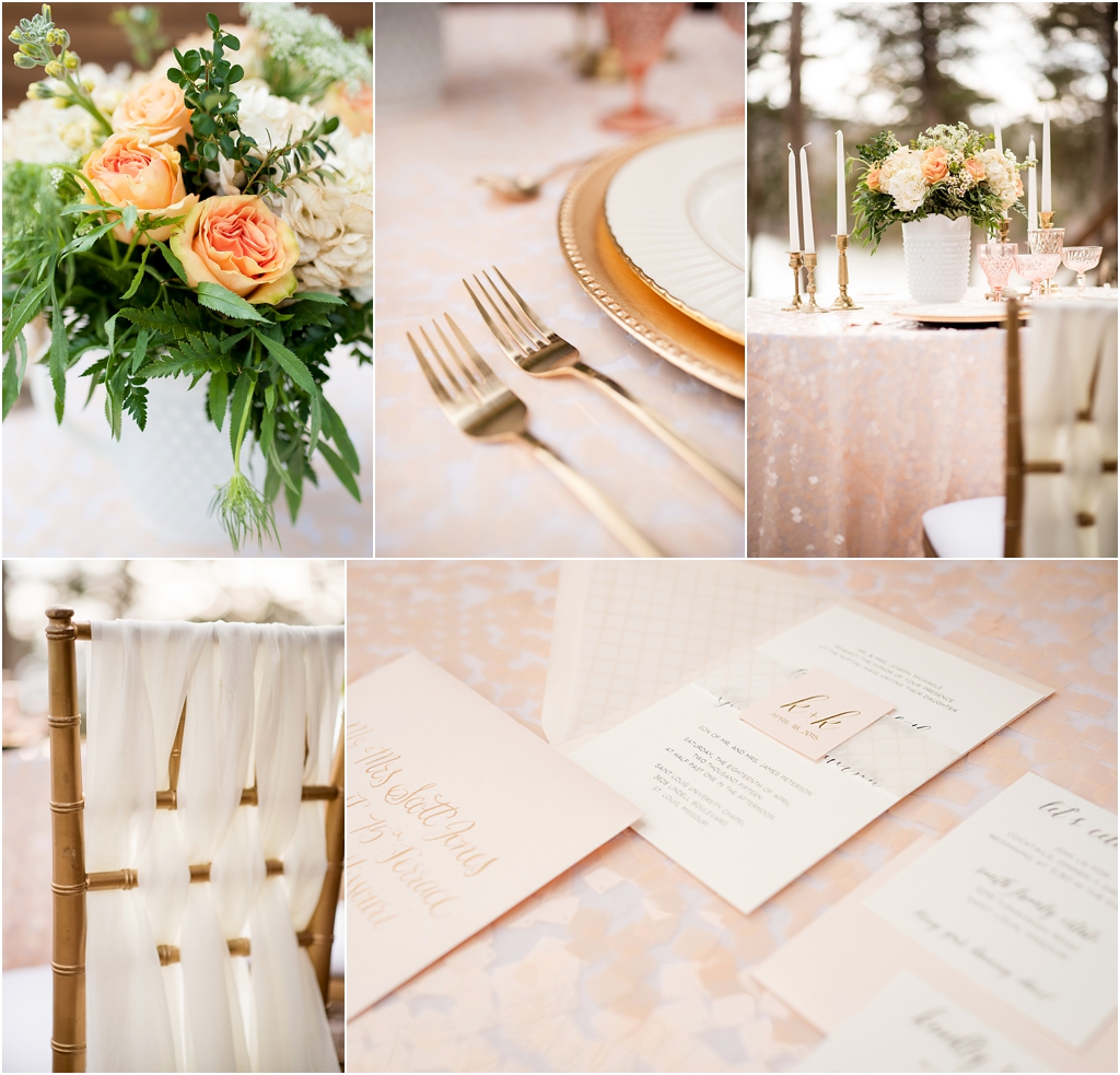 photo of blush and gold table settings with white fabric woven on gold chivari chairs