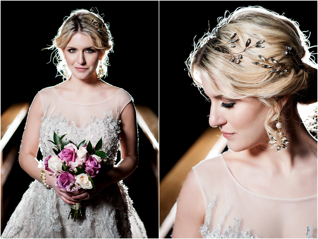 photo of bride wearing bhldn wisteria gown and chimera halo