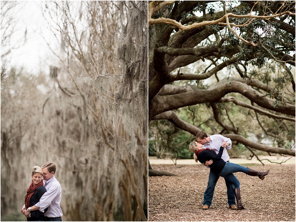 engagement picture of bride and groom under spanish moss