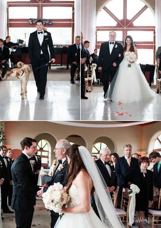 Photo of groom and his dog walking up the aisle and father and bride walking up the aisle then giving bride away to groom at a wedding at the World's Fair Pavilion in Forest Park.