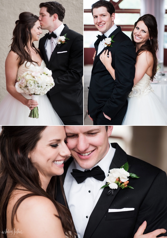 Photos of bride and groom smiling and hugging at wedding at the World's Fair Pavilion in Forest Park.