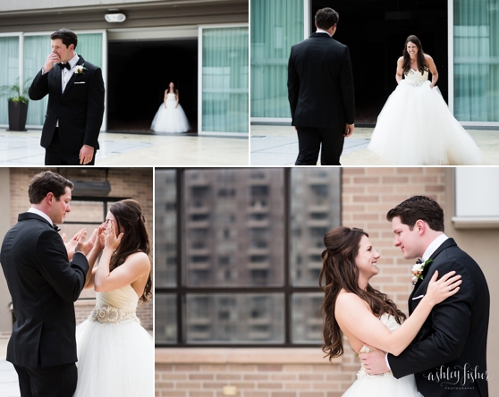 Photos of bride and groom's first look in front of large glass doors