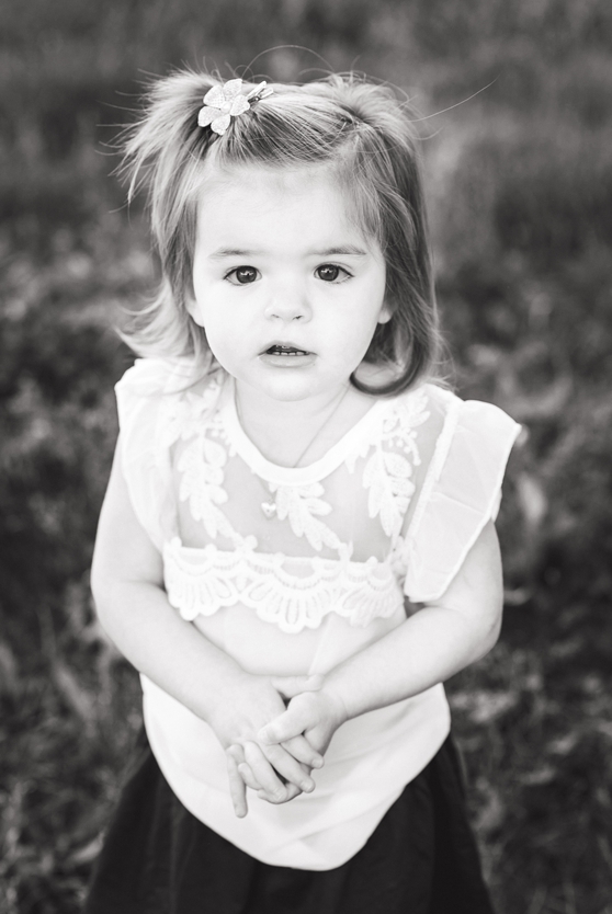 Black and white photo of toddler girl in Clayton Park