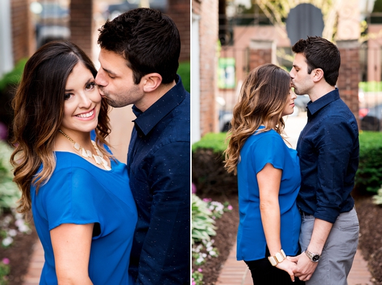 Photo of kissing couple on street of downtown Clayton engagement session