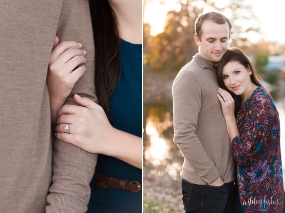 Photo of couple by pond at fall engagement session