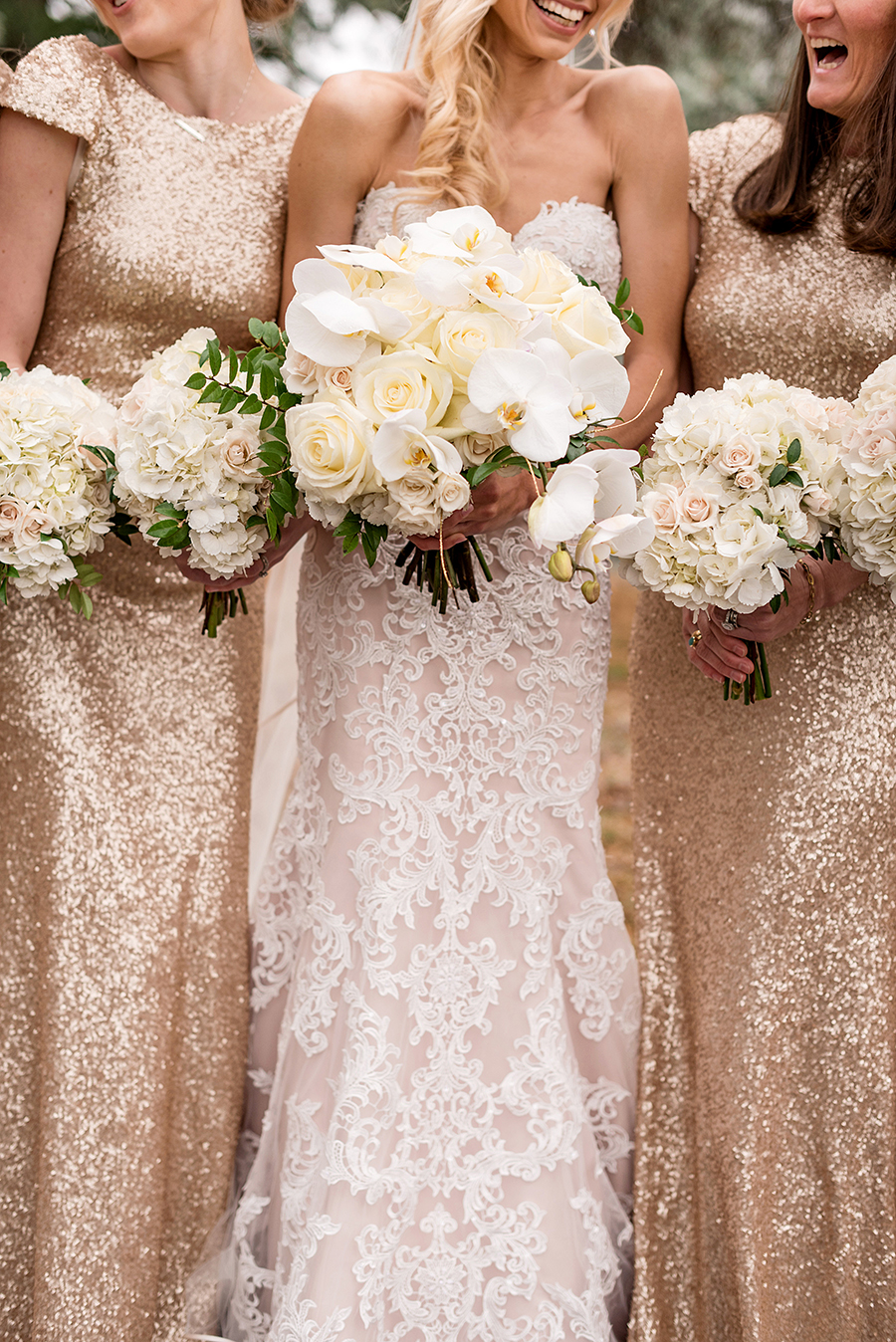 sisters flowers and gold sequin dresses for a winter wedding at graham chapel by ashley fisher photography