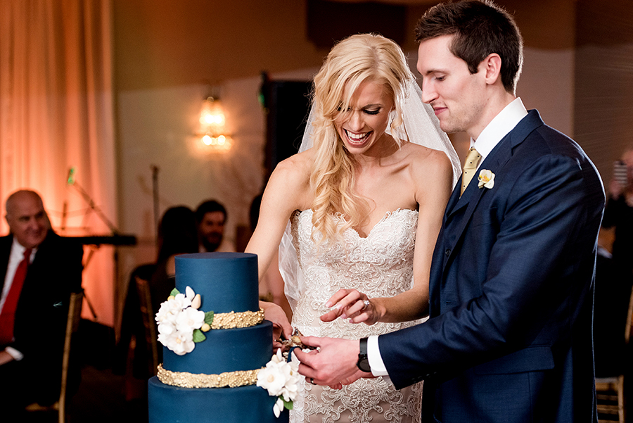 navy and gold reception for a winter wedding at graham chapel by ashley fisher photography