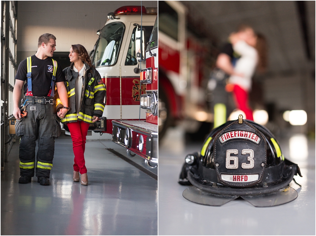 photo of couple kissing behind fire helmet