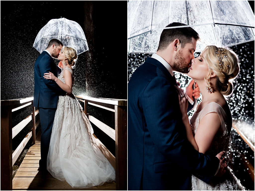 photo of bride and groom with bubble umbrella in the rain