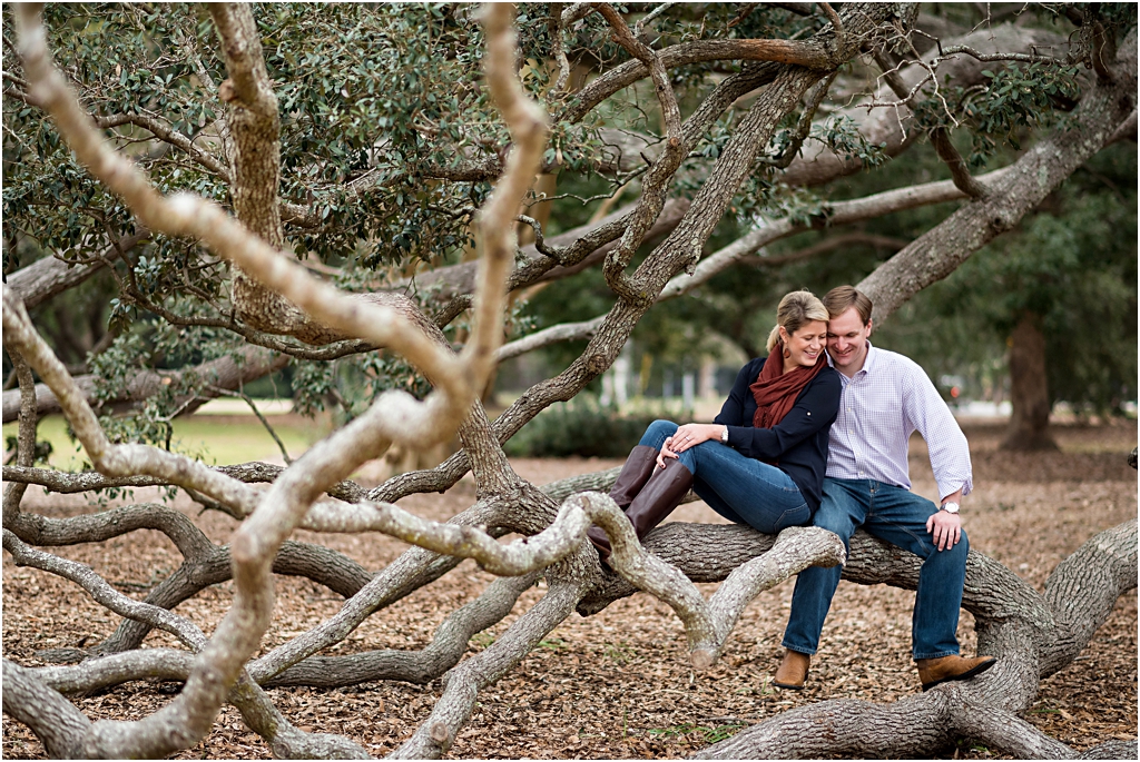 engagement picture of bride and groom on angel oak tree in charleston
