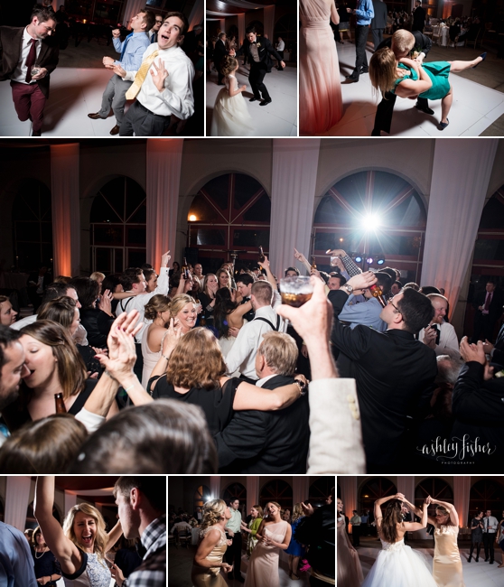 Photo of wedding guests dancing at the reception at a wedding at the World's Fair Pavilion in Forest Park.
