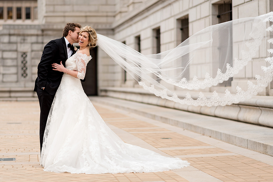cathedral veil wedding photo at central library by ashley fisher photography